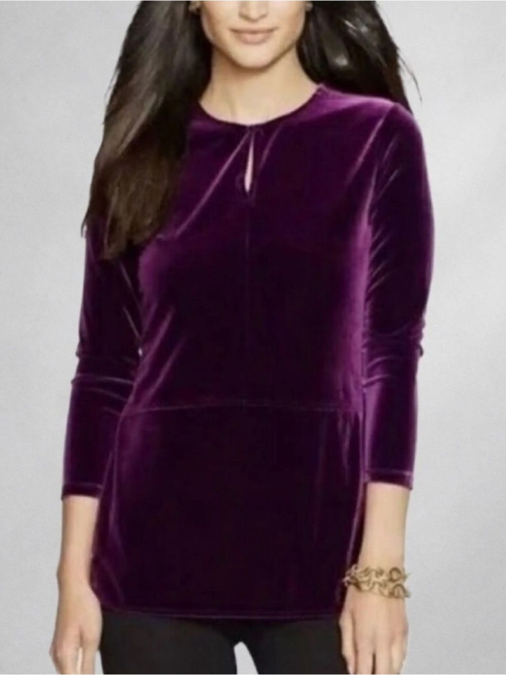 Lauren RL: Velvet Long-Sleeve Keyhole Tunic Dress - Purple